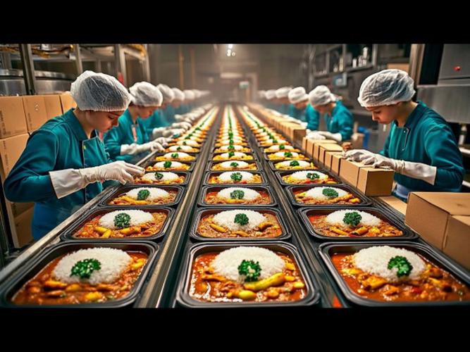 全自动食品工厂内部 批量生产的即食餐